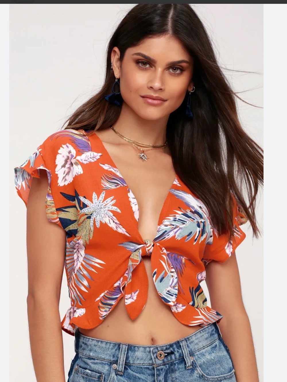 Sage the Label Rust Orange Tropical Tie-Front Crop Top